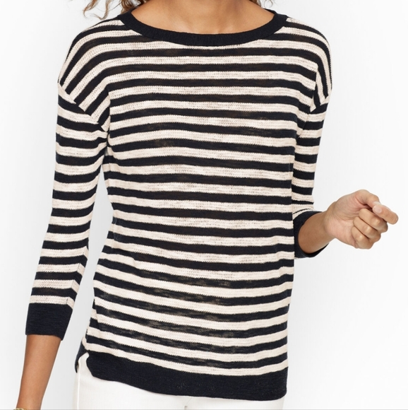 TALBOTS Petites Black & White Casual Striped Tie Boatneck Sweater- Size SmP - Picture 1 of 6